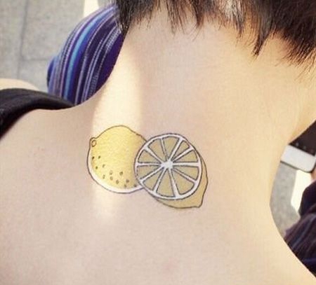 颈部卡通柠檬纹身图案
