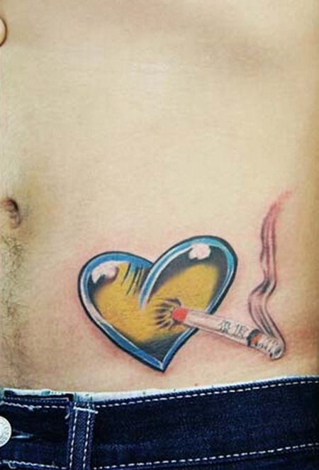 腹部爱心和香烟纹身图案