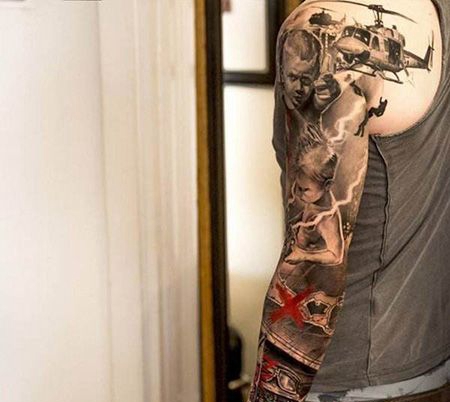 花臂帅气的直升机纹身图案