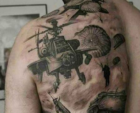 背部直升机和伞兵纹身图案