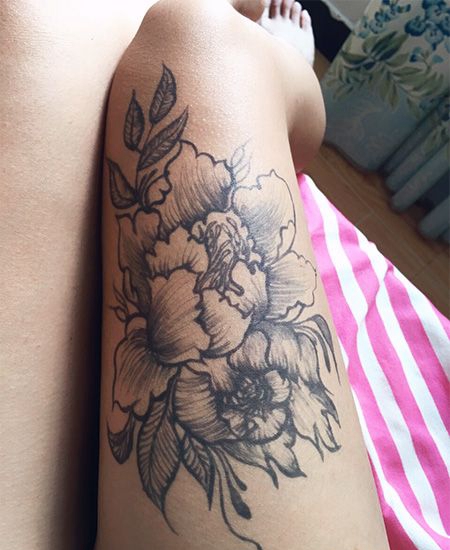 半永久果汁纹身牡丹大腿纹身图案