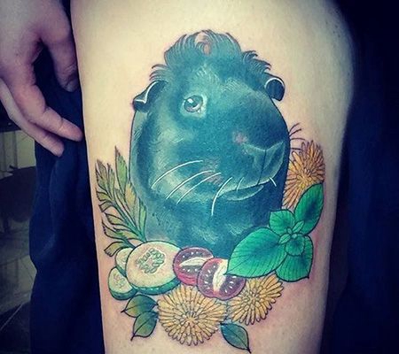 大腿宠物荷兰猪图案遮盖纹身图片