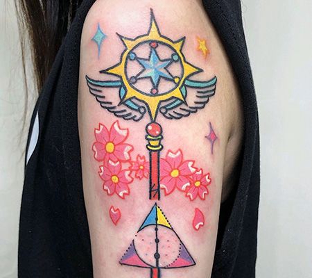 满大臂百变小樱魔法杖遮盖纹身图案