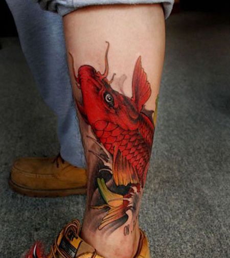 霸气的包小腿彩色龙鱼纹身图案