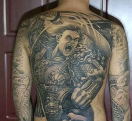 经典白起图案黑灰色满背纹身