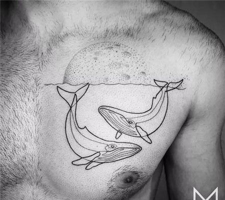 胸口简笔画鲸鱼团纹身图片