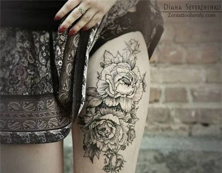 大腿性感牡丹花纹身图案