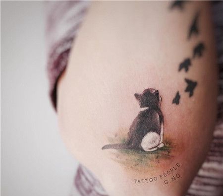 手臂望着小鸟的小猫纹身图案