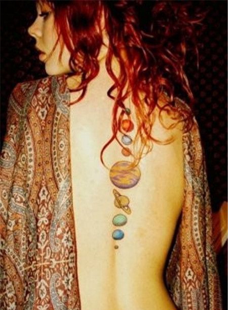 欧美女生背部星球纹身图案