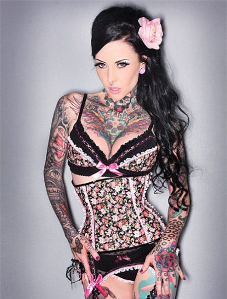 欧美女人花臂机械花朵纹身图案