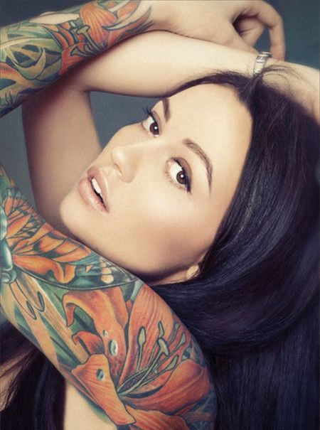 欧美女人花臂兰花纹身图案