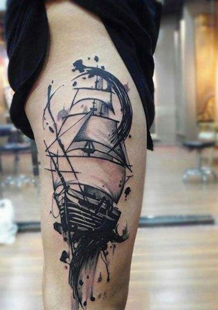 小腿水墨一帆风顺纹身图案