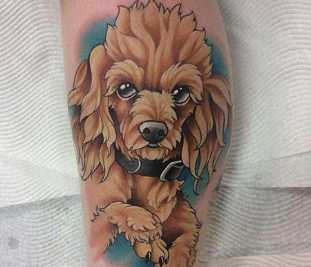 小腿彩色的泰迪犬纹身图案