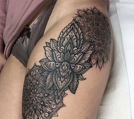 女人大腿瑜伽纹身图案