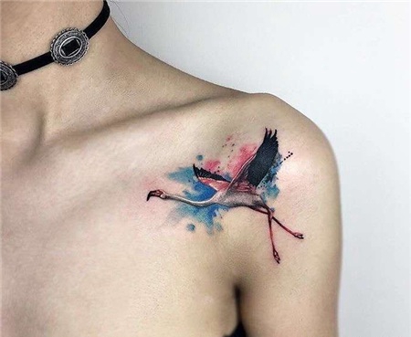 女生锁骨水彩火烈鸟纹身图案