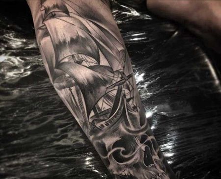 写实 小腿外侧 帆船 骷髅