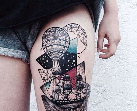 大腿几何点刺鲸鱼帆船热气球纹身图案