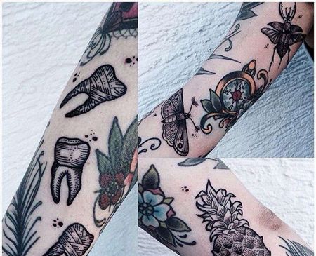 花臂拼接小图线条牙齿点刺菠萝纹身图案