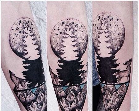 小臂点刺几何动物树纹身图案