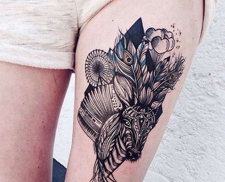 大腿线条几何鹿纹身图案