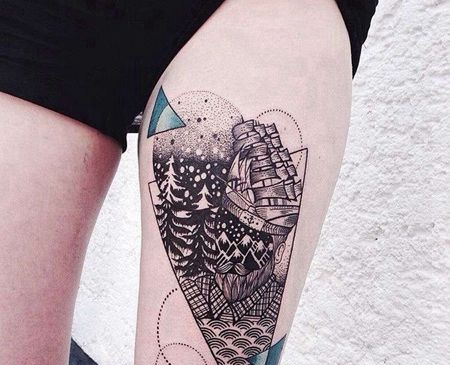 大腿几何点刺大海帆船纹身图案