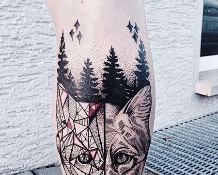 小腿点刺几何狐狸头像纹身图案