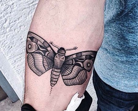小臂点刺线条蝴蝶纹身图案