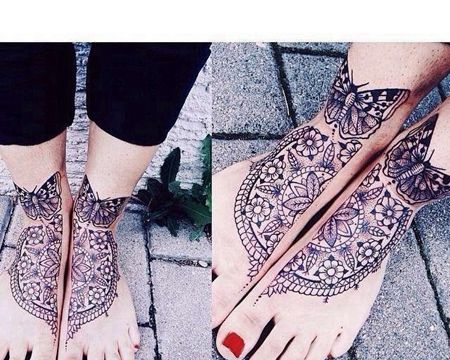 脚背点刺几何繁花蝴蝶纹身图案