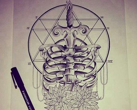 点刺几何骷髅匕首纹身图案