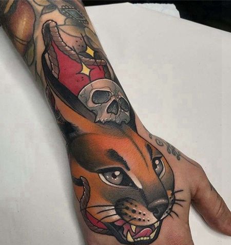 New School手背小臂猫骷髅纹身图案
