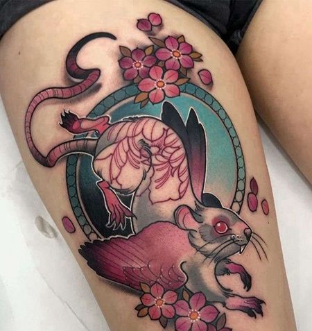 New School大腿老鼠花卉纹身图案