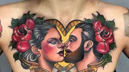 New School胸口人像玫瑰纹身图案