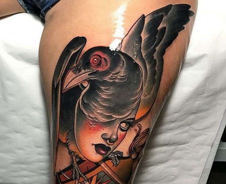 New School小腿人像乌鸦纹身图案