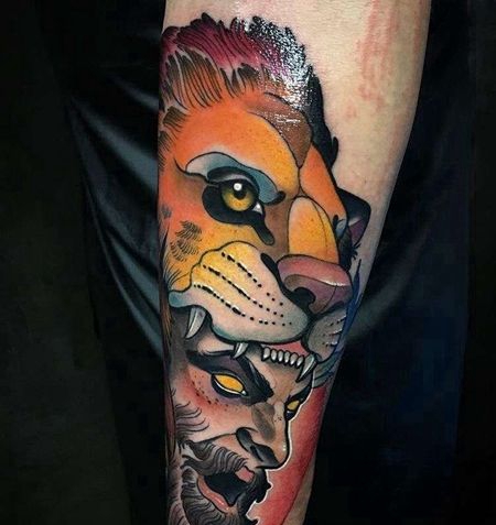 New School小臂狮子人像纹身图案