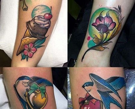 New School冰淇淋花卉鸟纹身图案