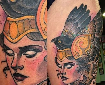 New School大腿人像鸟纹身图案