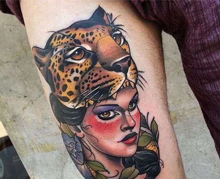 New School大腿人像豹子纹身图案