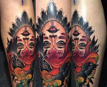 New School小臂人像乌鸦纹身图案