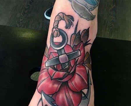 New School脚背船锚玫瑰纹身图案