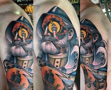 New School大臂水手帆船纹身图案