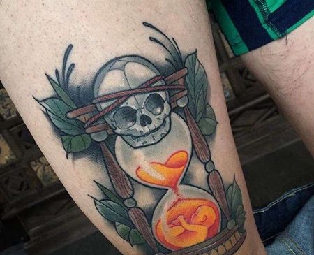 New School大腿骷髅沙漏纹身图案