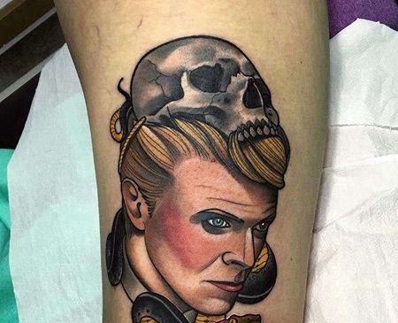 New School大腿人像骷髅纹身图案