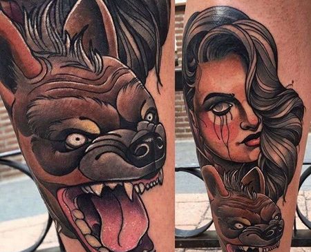 New School大腿人像狗纹身图案