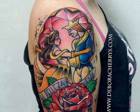 New School大臂人像宝石玫瑰纹身图案
