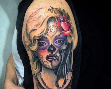 New School大臂人像骷髅纹身图案