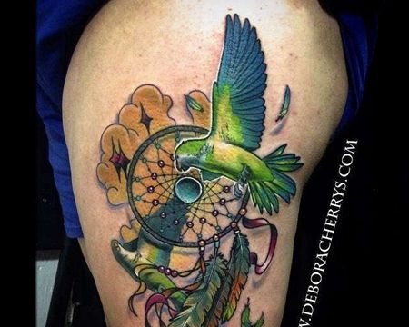 New School大腿捕梦网鸟纹身图案