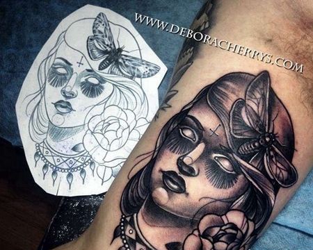 New School大臂人像蝴蝶纹身图案