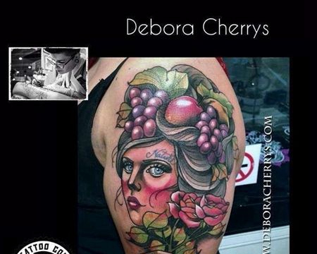 New School大臂人像花卉水果纹身图案