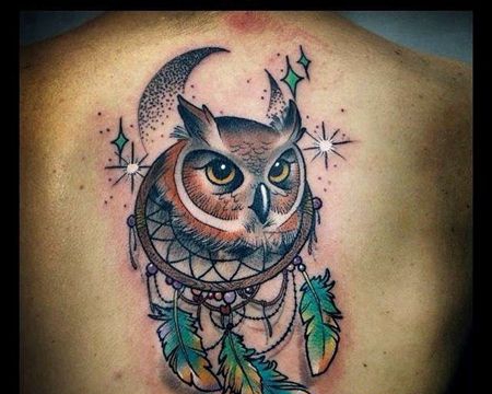 New School后背猫头鹰捕梦网纹身图案