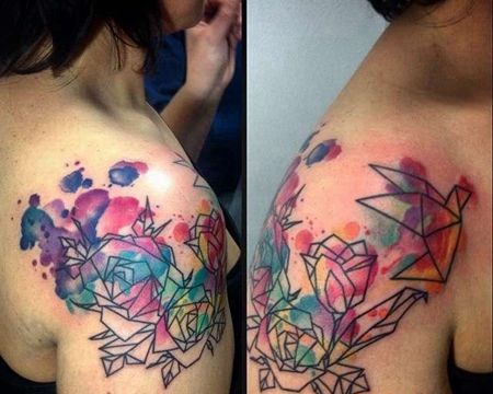 几何水彩千纸鹤纹身图案